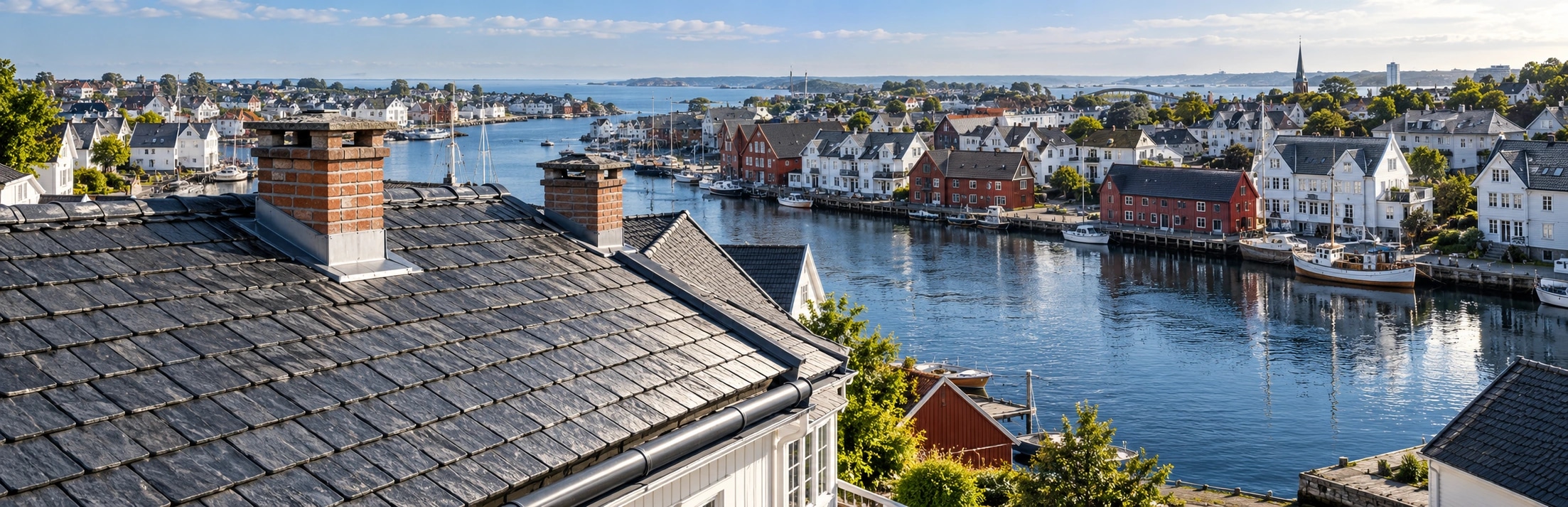 Illustrasjon av skifertak, trehus og sund i et Haugesund-inspirert kystmiljø